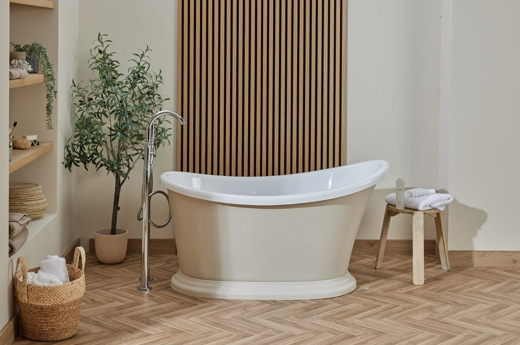 Jena 1350mm roll top slipper bath painted Farrow & Ball Stony Ground (painting available to order)