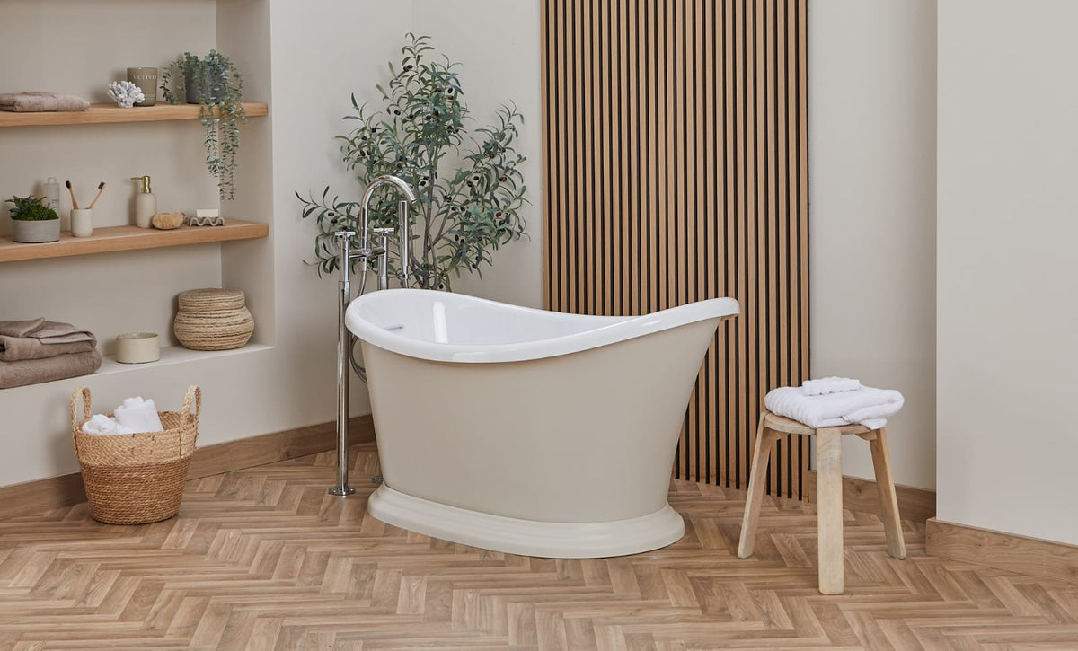 Jena roll top slipper bath in a small bathroom