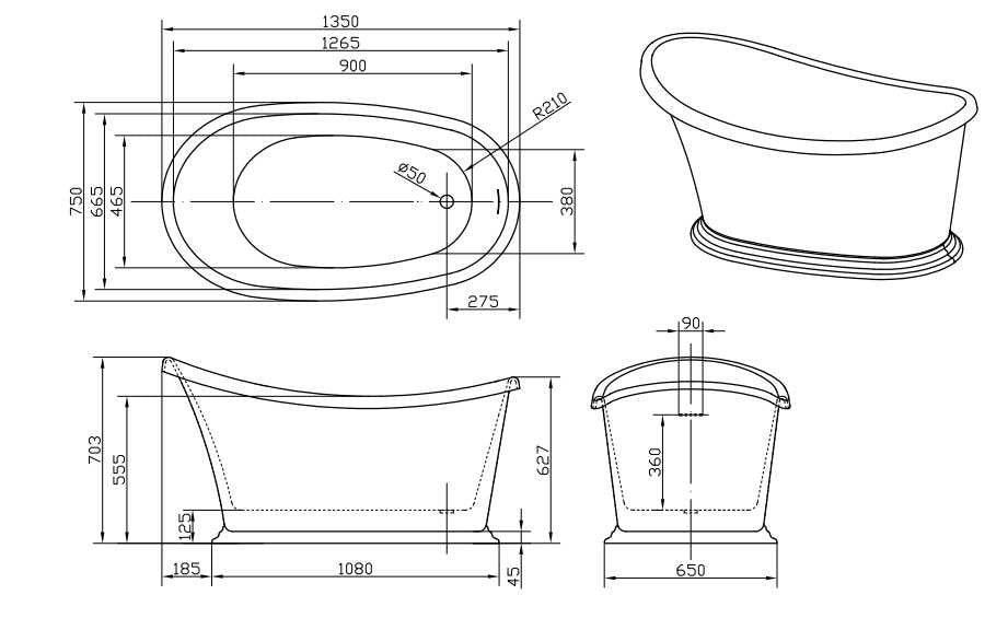 Jena slipper bath technical drawing with dimensions