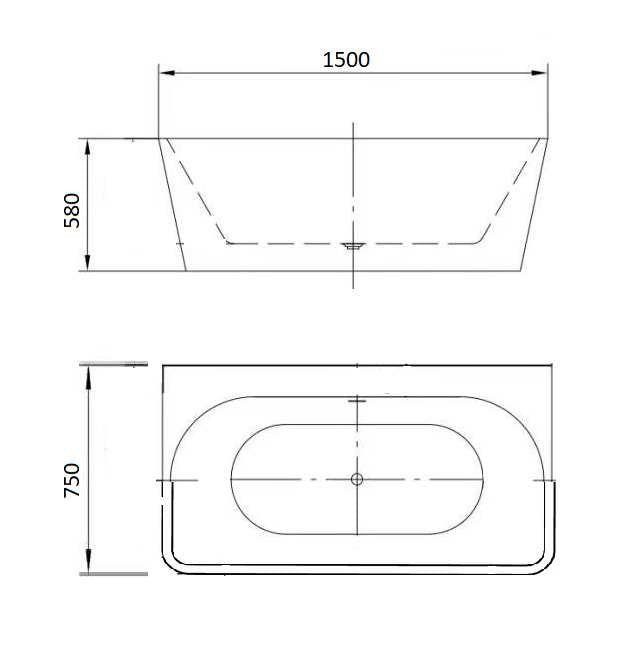 Juliet back-to-wall bath technical drawing with dimensions