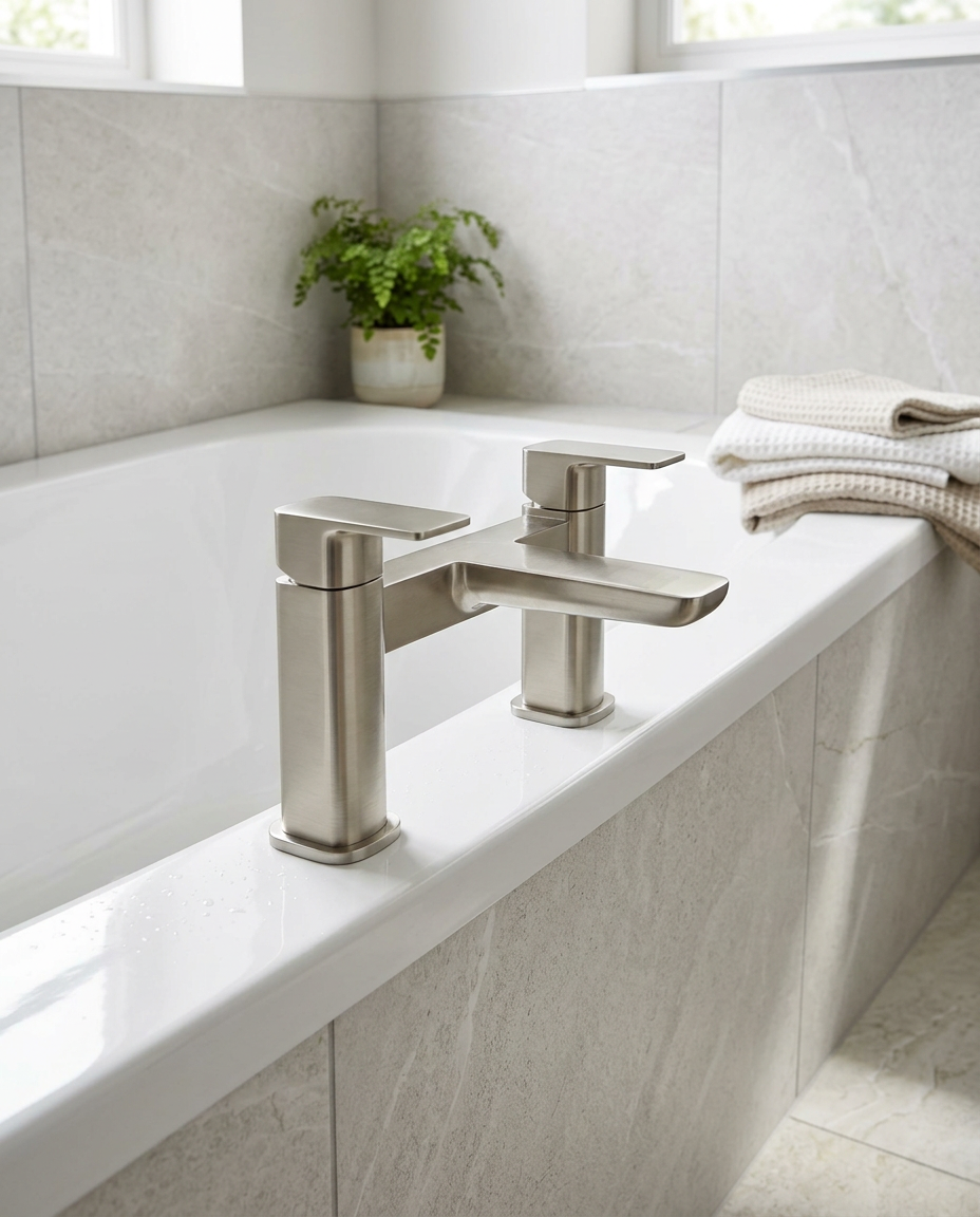 Kelso Bath Filler, brushed nickel in a bright modern bathroom