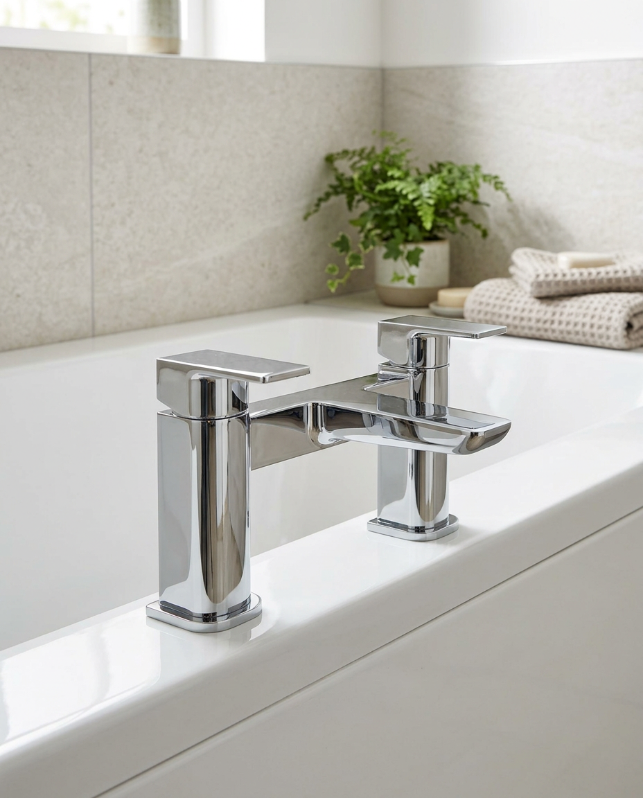 Kelso Bath Filler, chrome in a bright modern bathroom