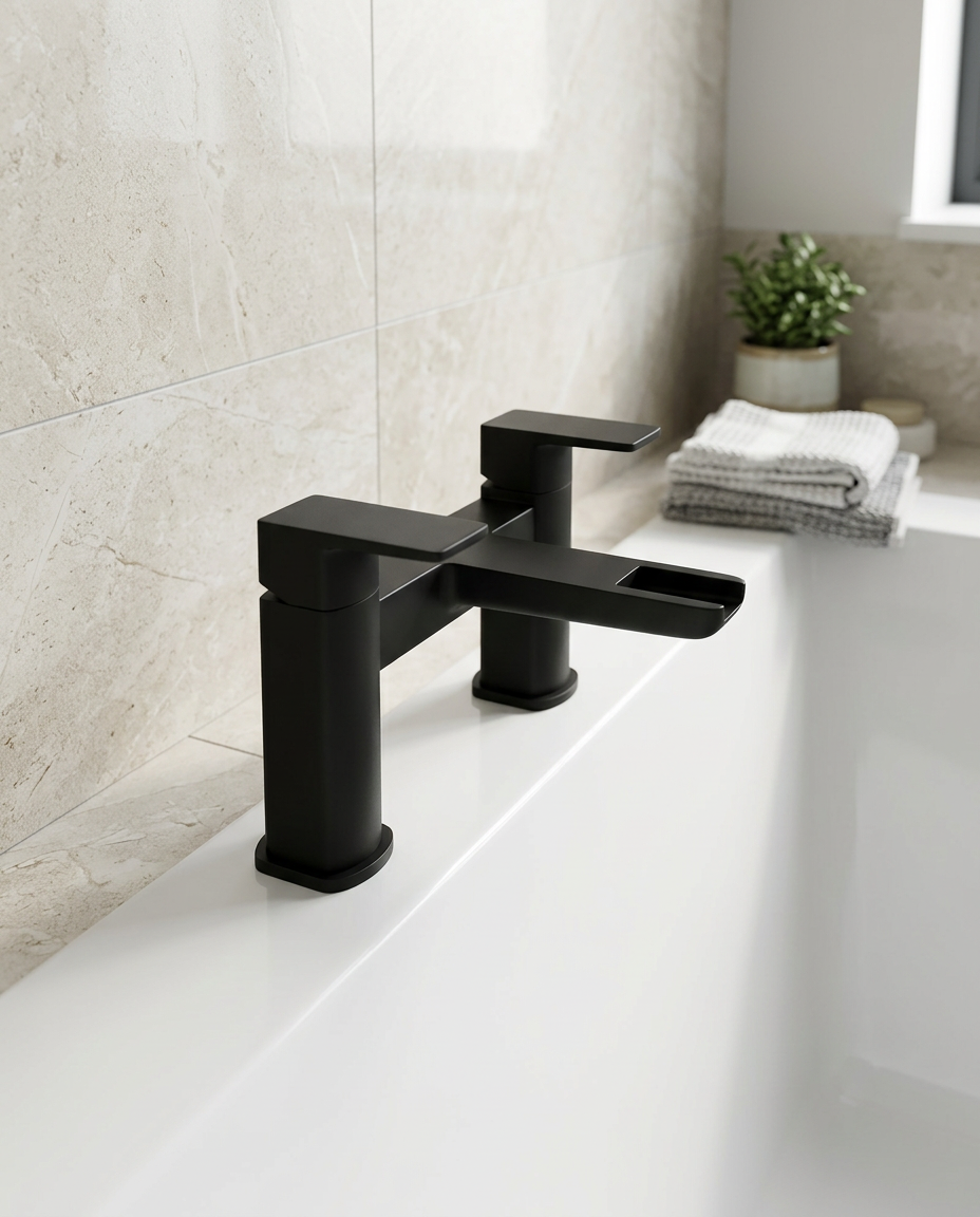 Kelso Bath Filler, matt black in a bright modern bathroom