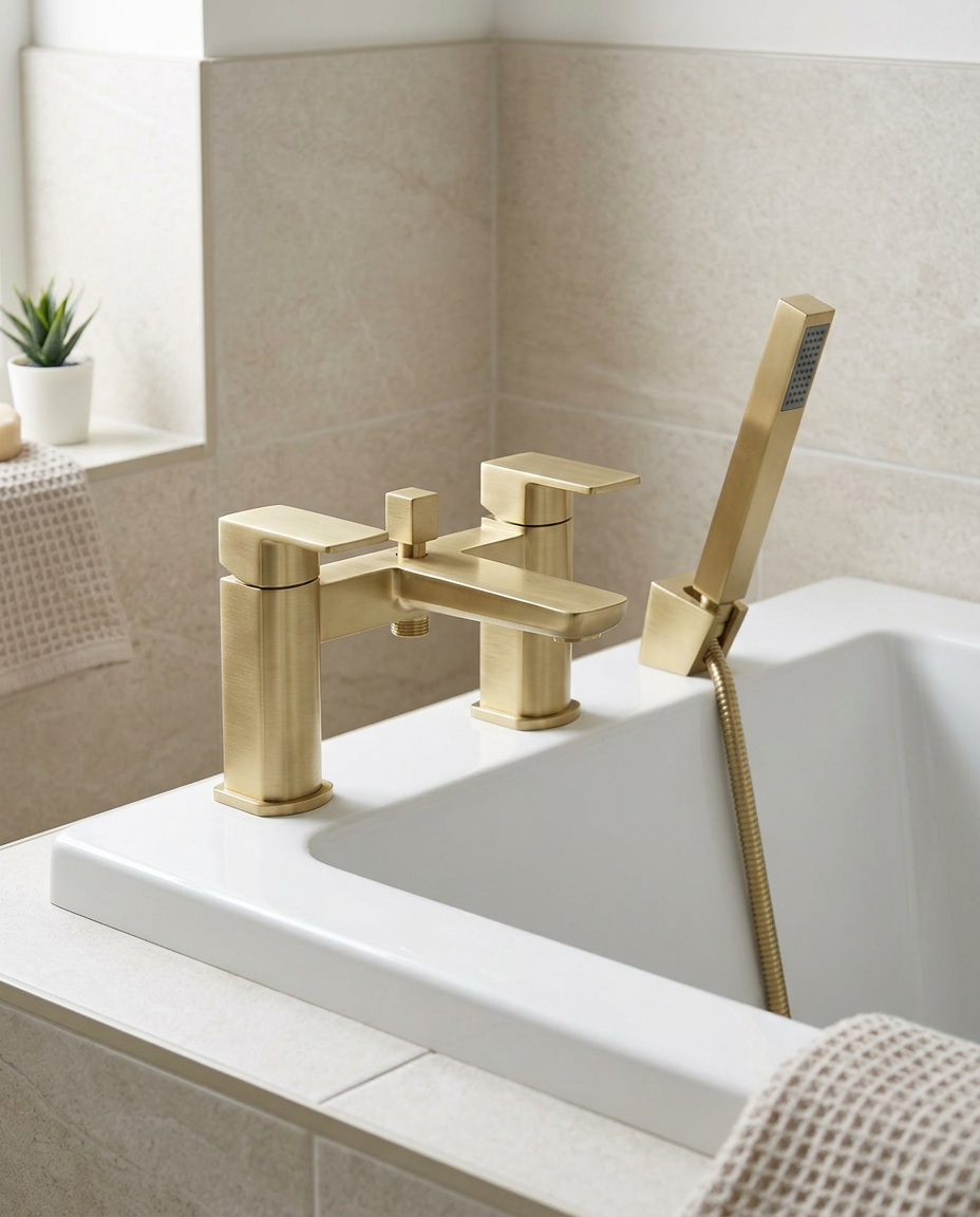 Kelso Bath Shower Mixer, brushed brass in a bright modern bathroom