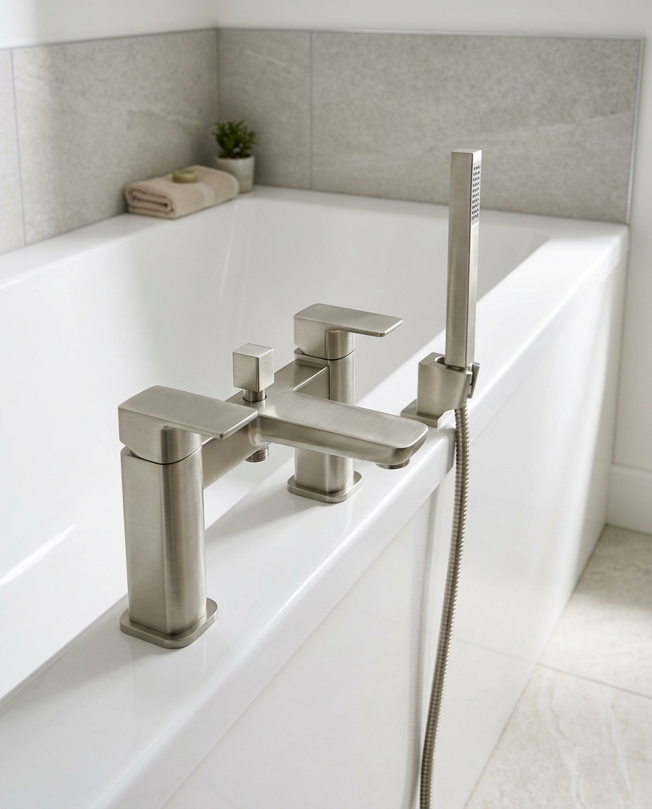 Kelso Bath Shower Mixer, brushed nickel in a bright modern bathroom
