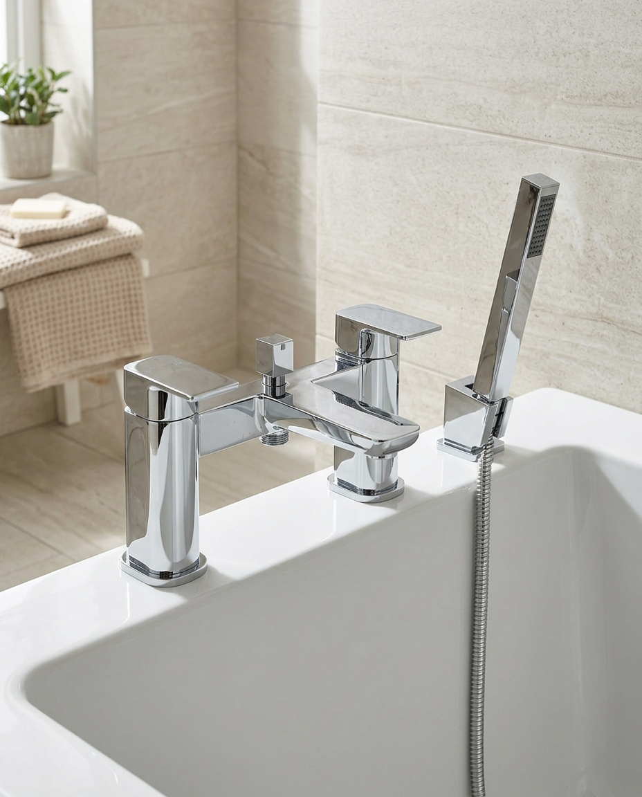 Kelso Bath Shower Mixer, chrome in a bright modern bathroom