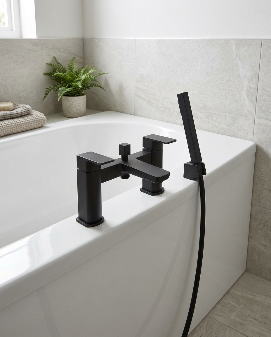 Kelso Bath Shower Mixer, matt black in a bright modern bathroom