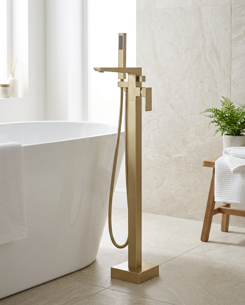 Kelso Freestanding Bath Shower Mixer, brushed brass in a bright modern bathroom
