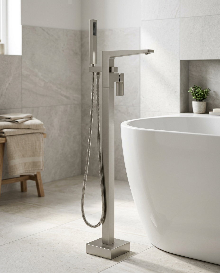 Kelso Freestanding Bath Shower Mixer, brushed nickel in a bright modern bathroom