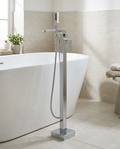 Kelso Freestanding Bath Shower Mixer, chrome in a bright modern bathroom