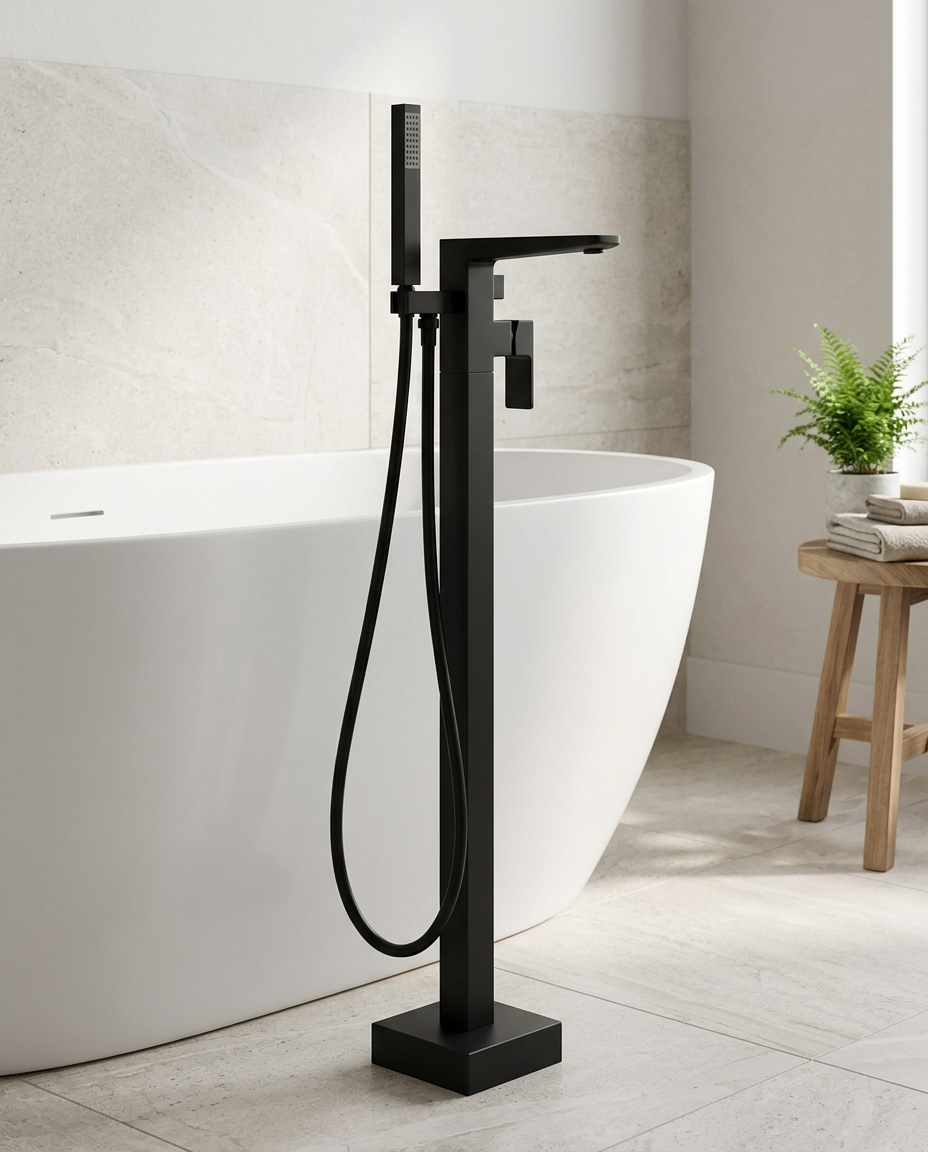Kelso Freestanding Bath Shower Mixer, matt black in a bright modern bathroom