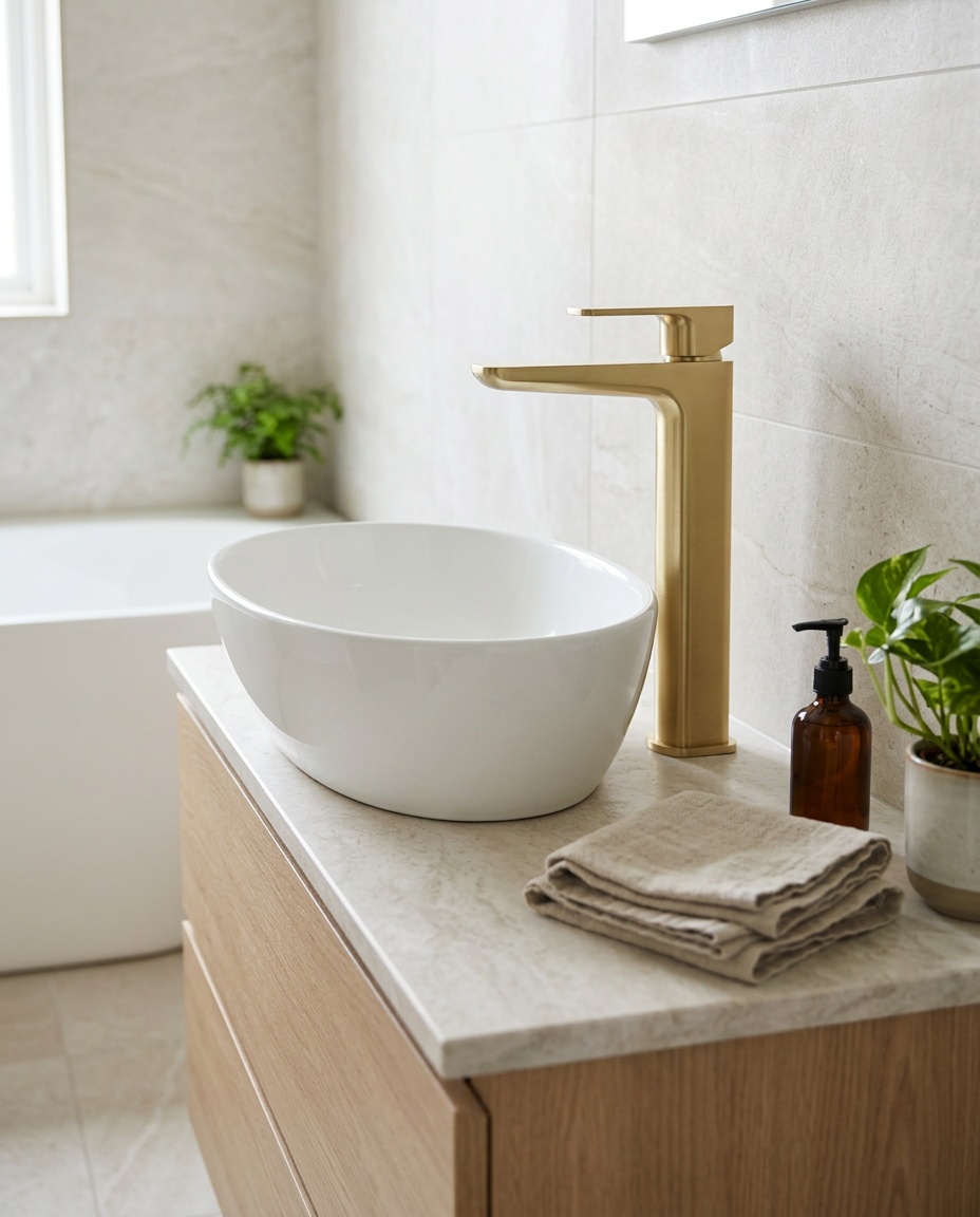Kelso Hi-Rise Mono Basin Mixer, brushed brass in a bright modern bathroom