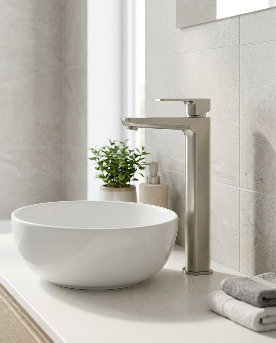 Kelso Hi-Rise Mono Basin Mixer, brushed nickel in a bright modern bathroom