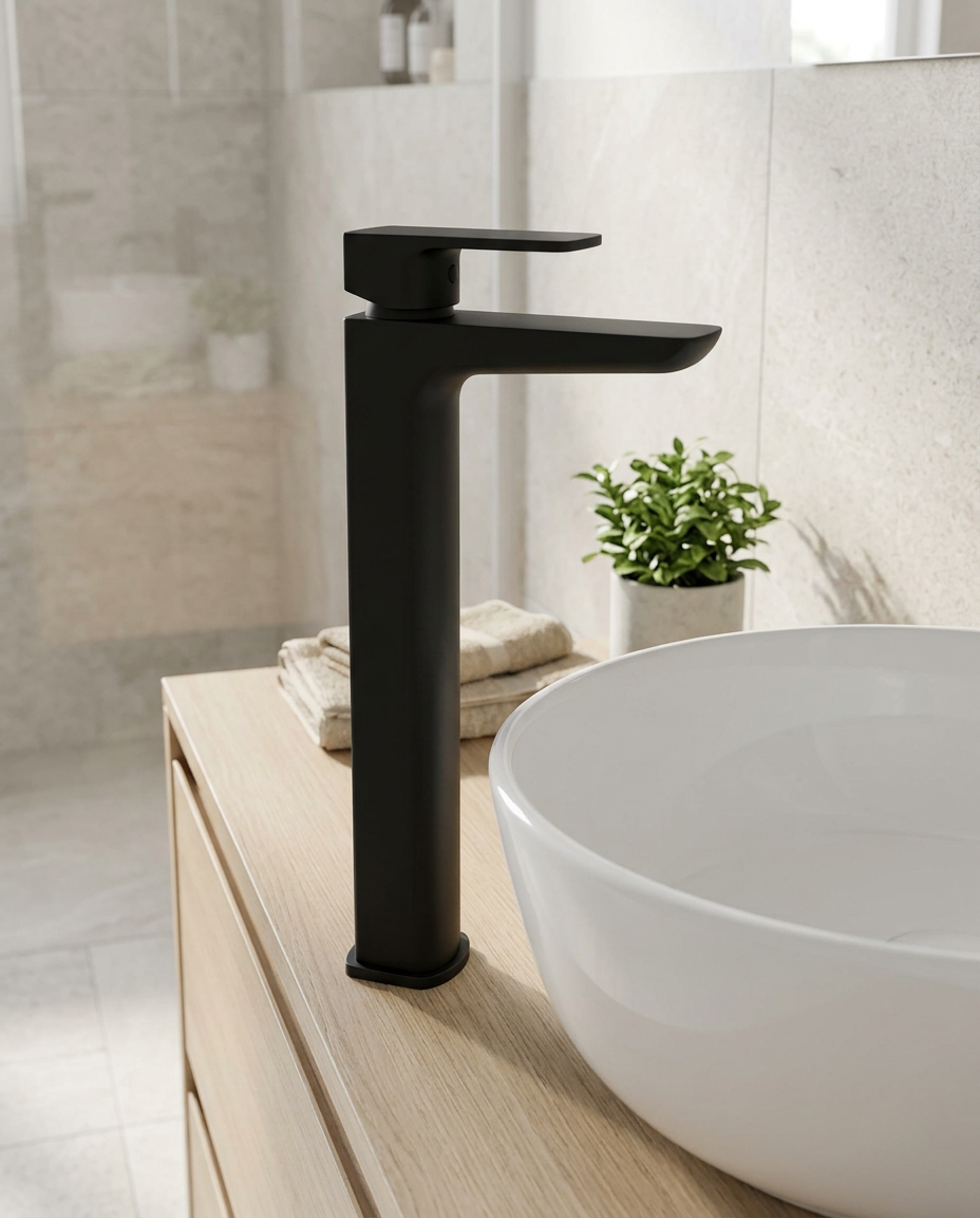 Kelso Hi-Rise Mono Basin Mixer, matt black in a bright modern bathroom