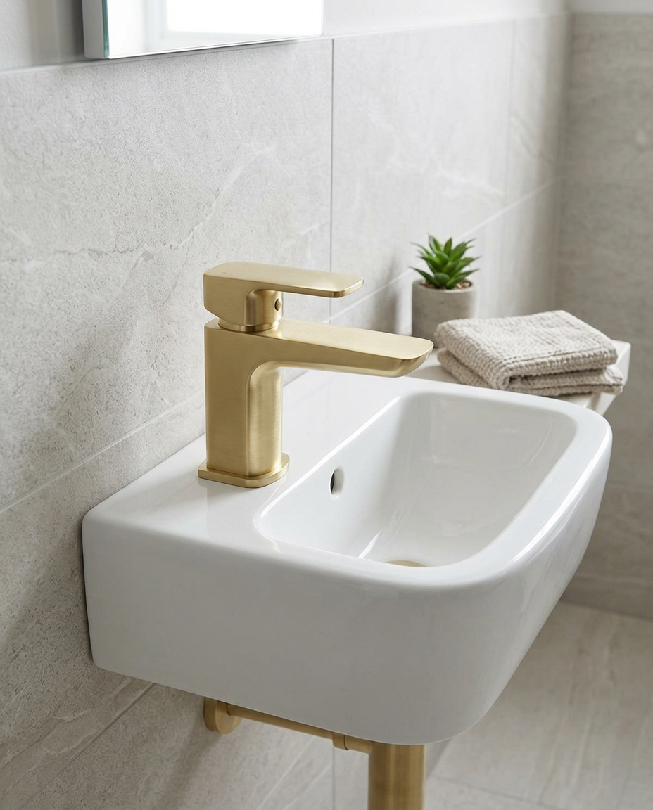 Kelso Mini Mono Basin Mixer, brushed brass in a bright modern bathroom