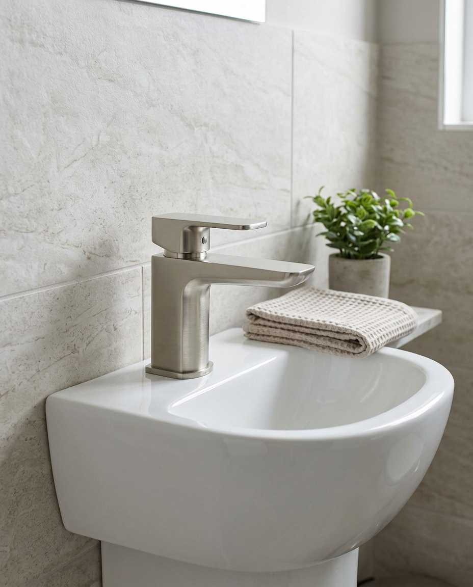 Kelso Mini Mono Basin Mixer, brushed nickel in a bright modern bathroom