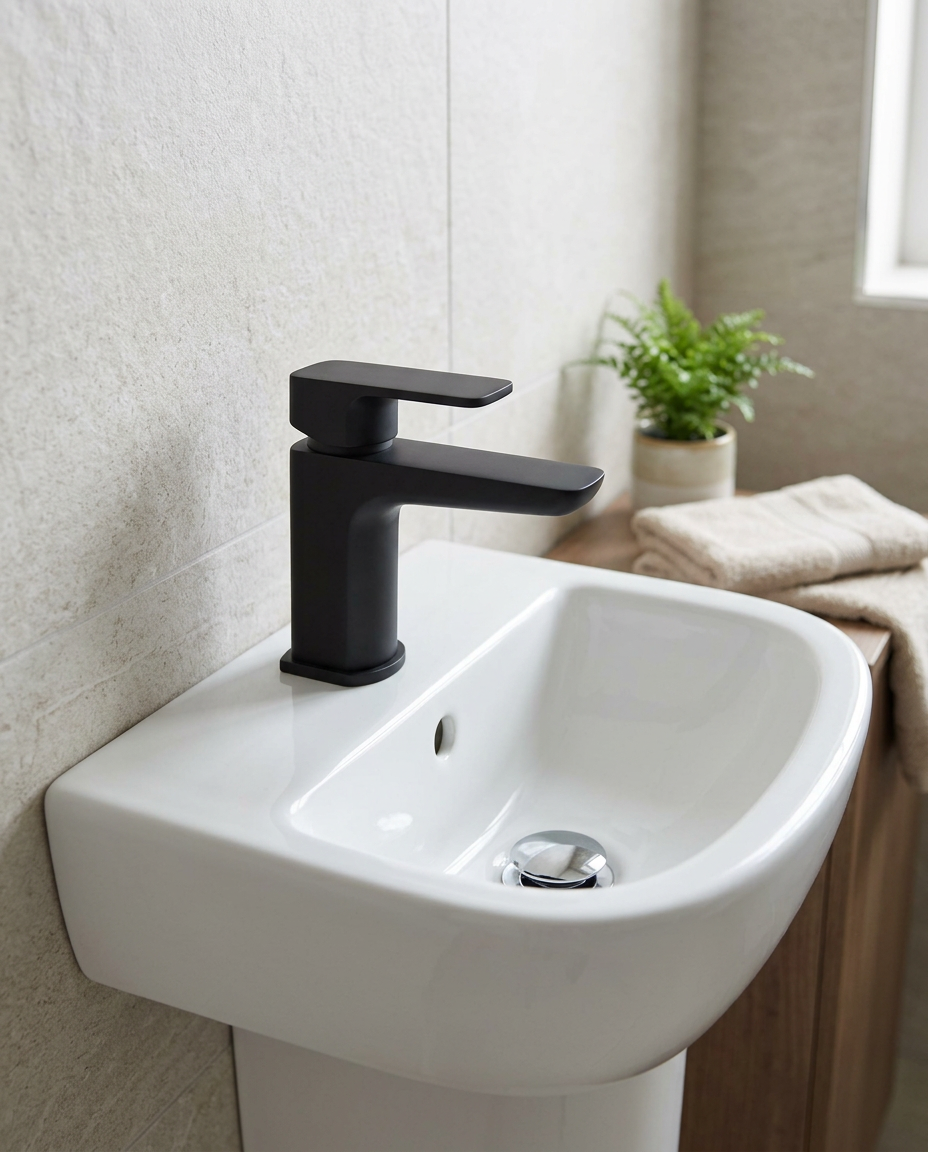 Kelso Mini Mono Basin Mixer, matt black in a bright modern bathroom