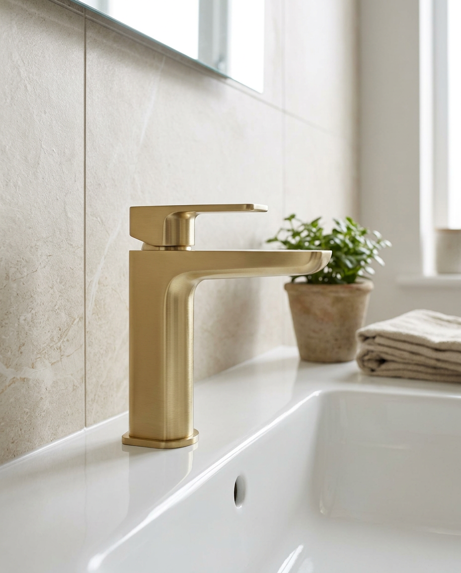 Kelso Mono Basin Mixer, brushed brass in a bright modern bathroom