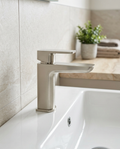 Kelso Mono Basin Mixer, brushed nickel in a bright modern bathroom