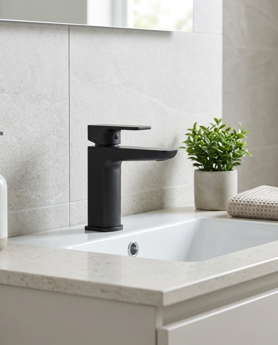 Kelso Mono Basin Mixer, matt black in a bright modern bathroom
