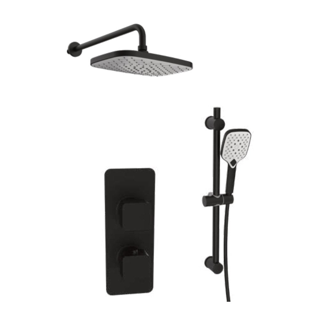 Kelso Thermostatic Shower Sets, Matt black, Concealed valve with diverter, slide rail kit and fixed overhead drencher