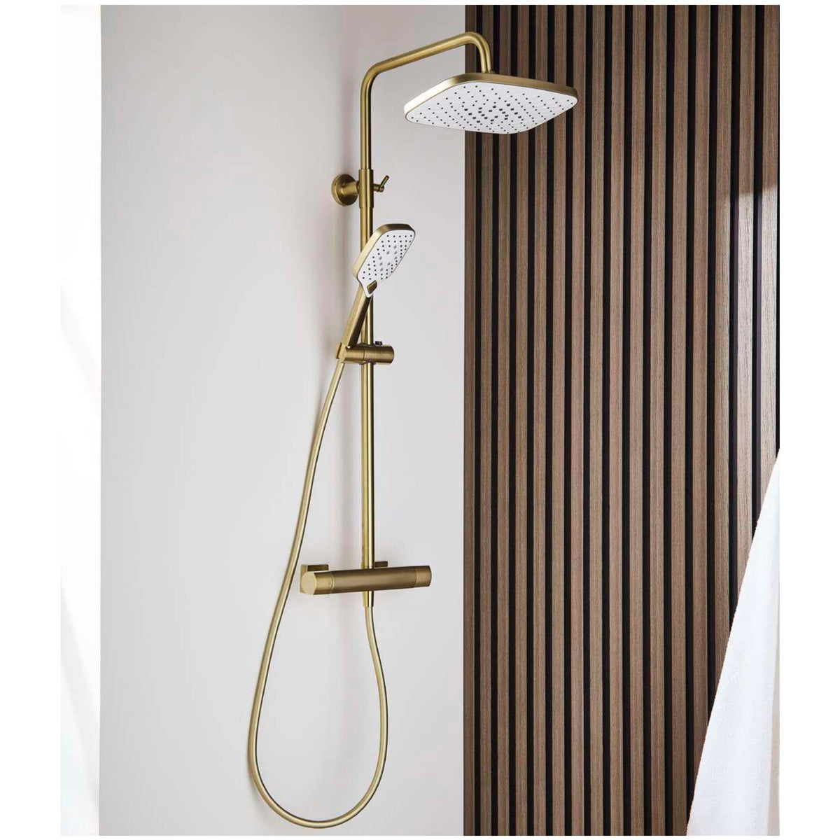 Kelso Thermostatic Shower Sets, Brushed brass, Bar valve with overhead drencher and sliding handset