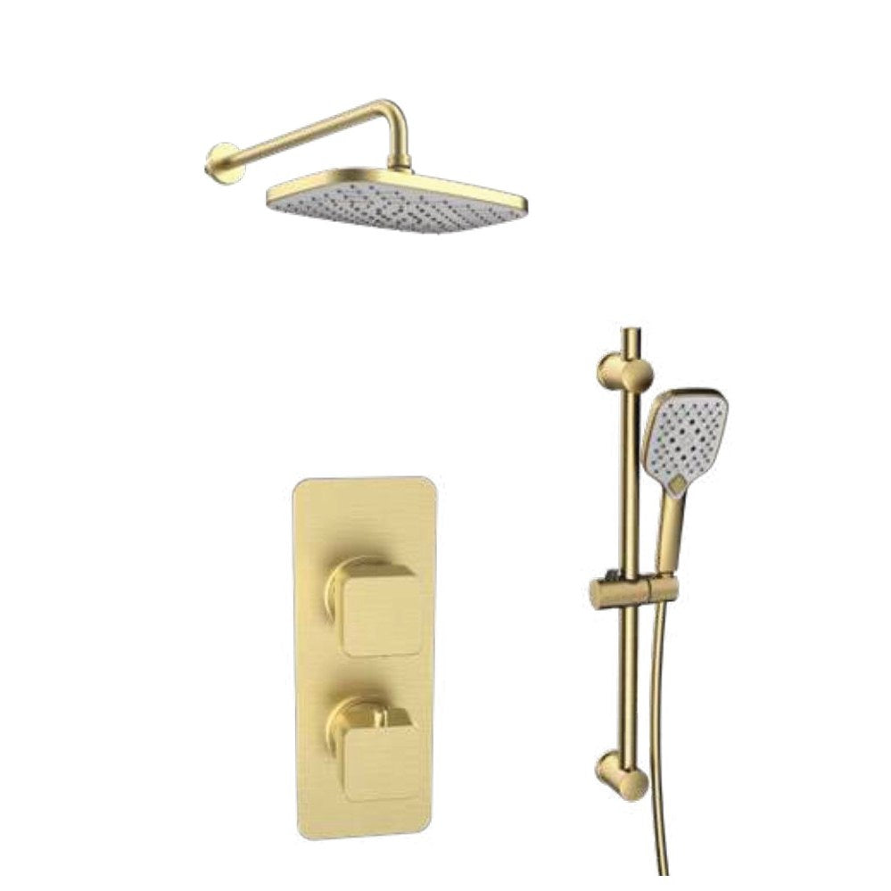 Kelso Thermostatic Shower Sets, Brushed brass, Concealed valve with diverter, slide rail kit and fixed overhead drencher