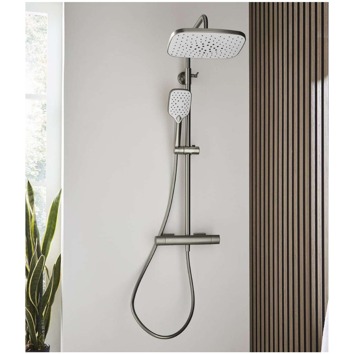 Kelso Thermostatic Shower Sets, Brushed nickel, Bar valve with overhead drencher and sliding handset