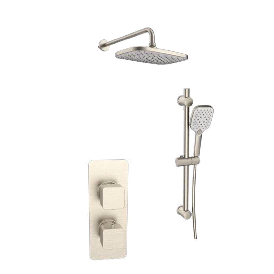 Kelso Thermostatic Shower Sets, Brushed nickel, Concealed valve with diverter, slide rail kit and fixed overhead drencher