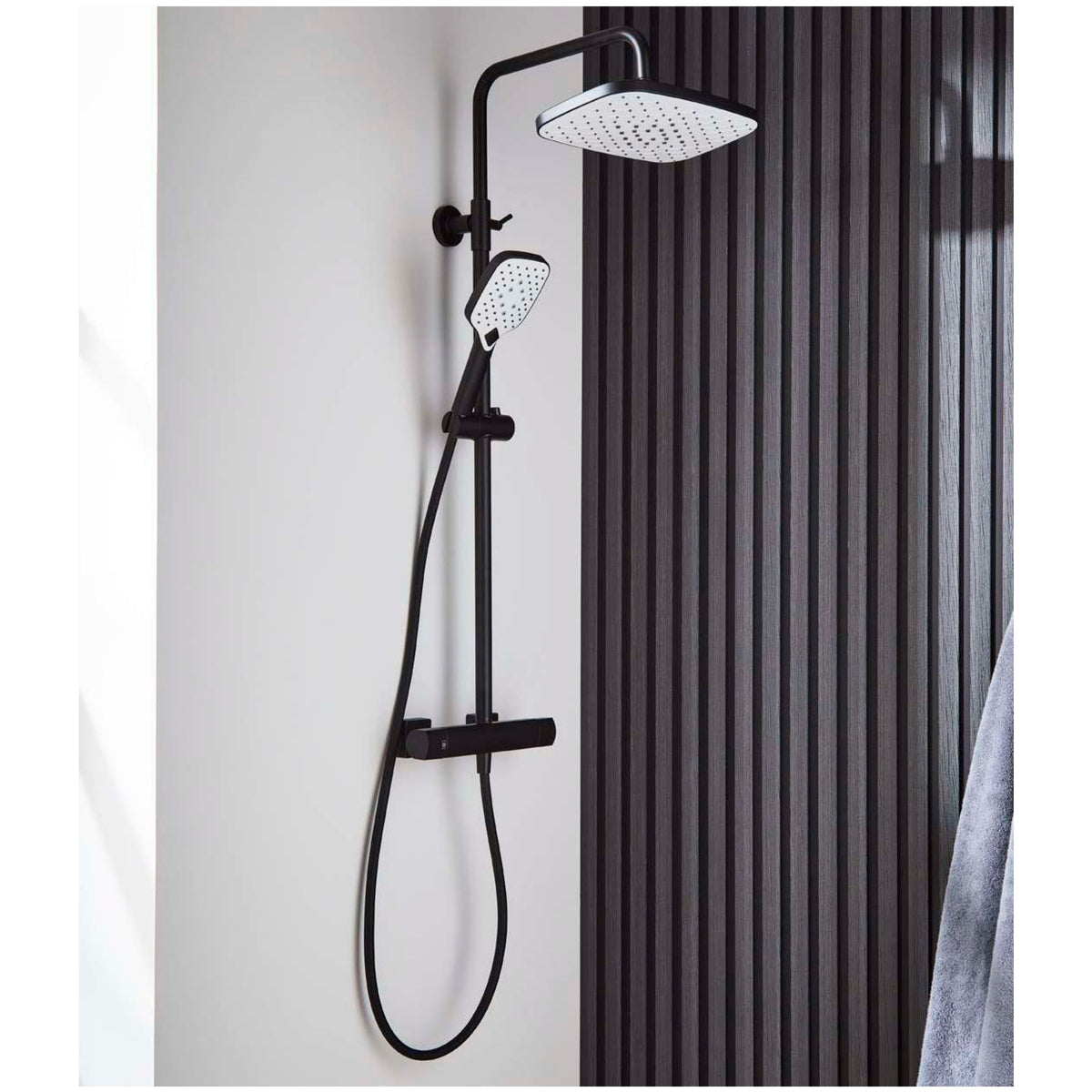Kelso Thermostatic Shower Sets, Matt black, Bar valve with overhead drencher and sliding handset