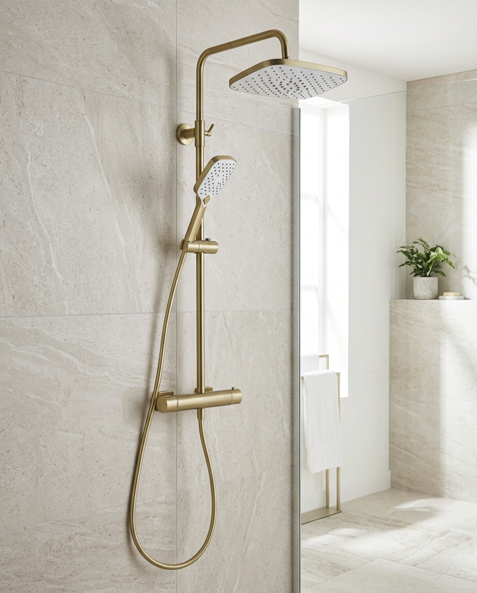 Kelso Thermostatic Shower Sets, brushed brass in a bright modern bathroom