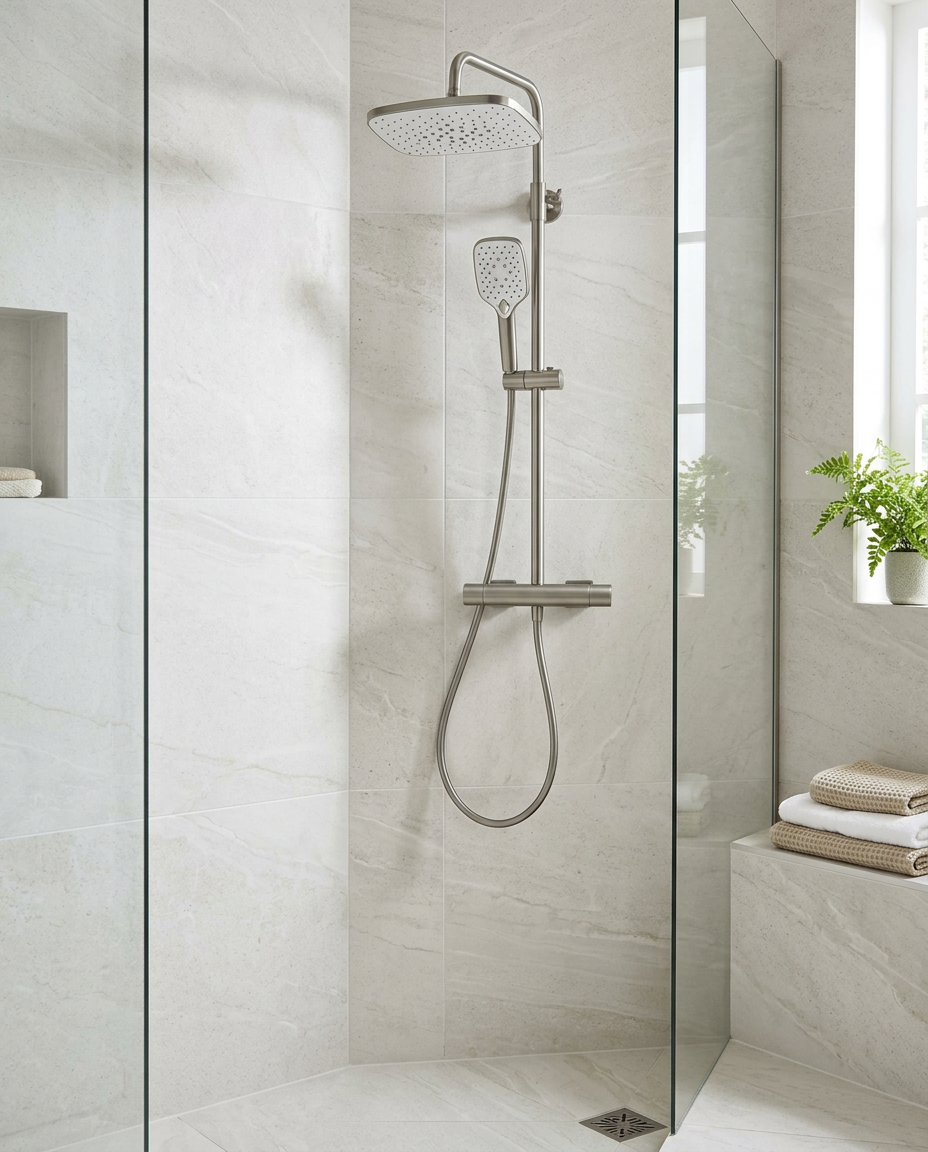 Kelso Thermostatic Shower Sets, brushed nickel in a bright modern bathroom