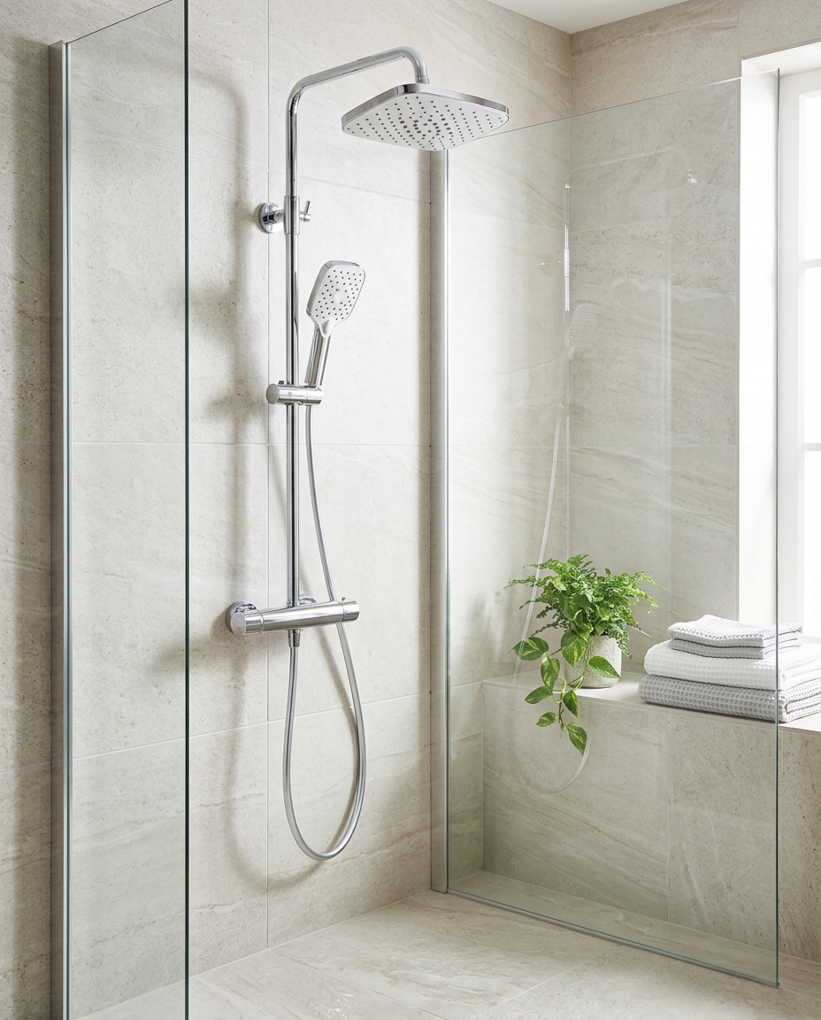 Kelso Thermostatic Shower Sets, chrome in a bright modern bathroom