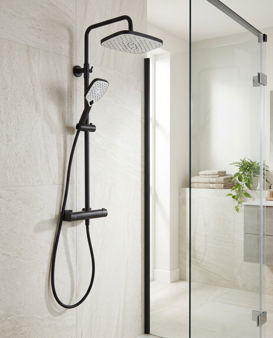 Kelso Thermostatic Shower Sets, matt black in a bright modern bathroom