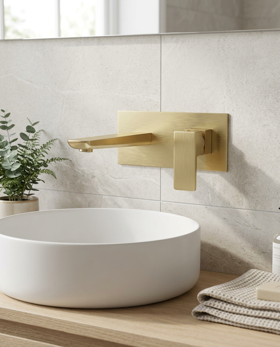 Kelso Wall Mounted Basin Mixer, brushed brass in a bright modern bathroom