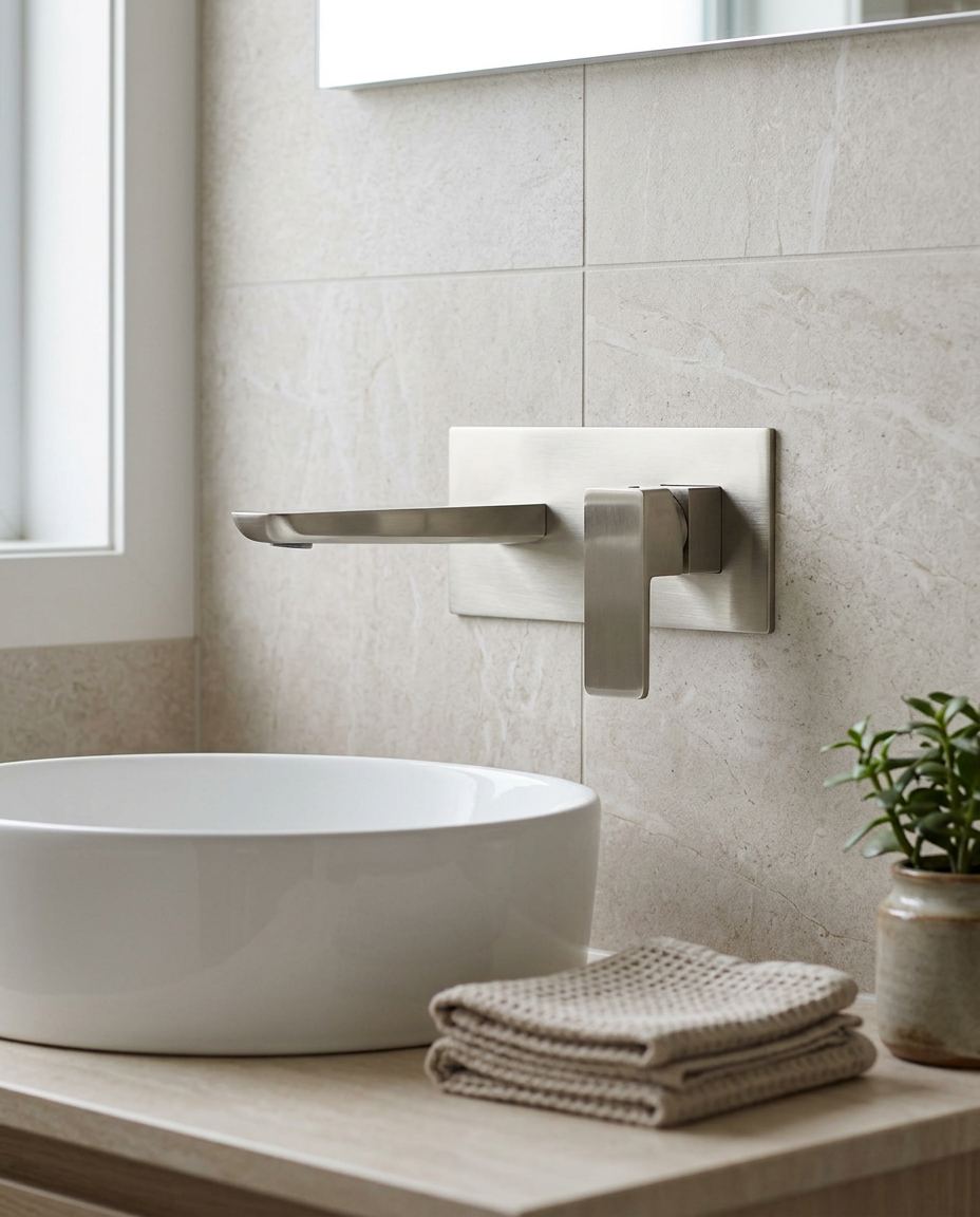 Kelso Wall Mounted Basin Mixer, brushed nickel in a bright modern bathroom