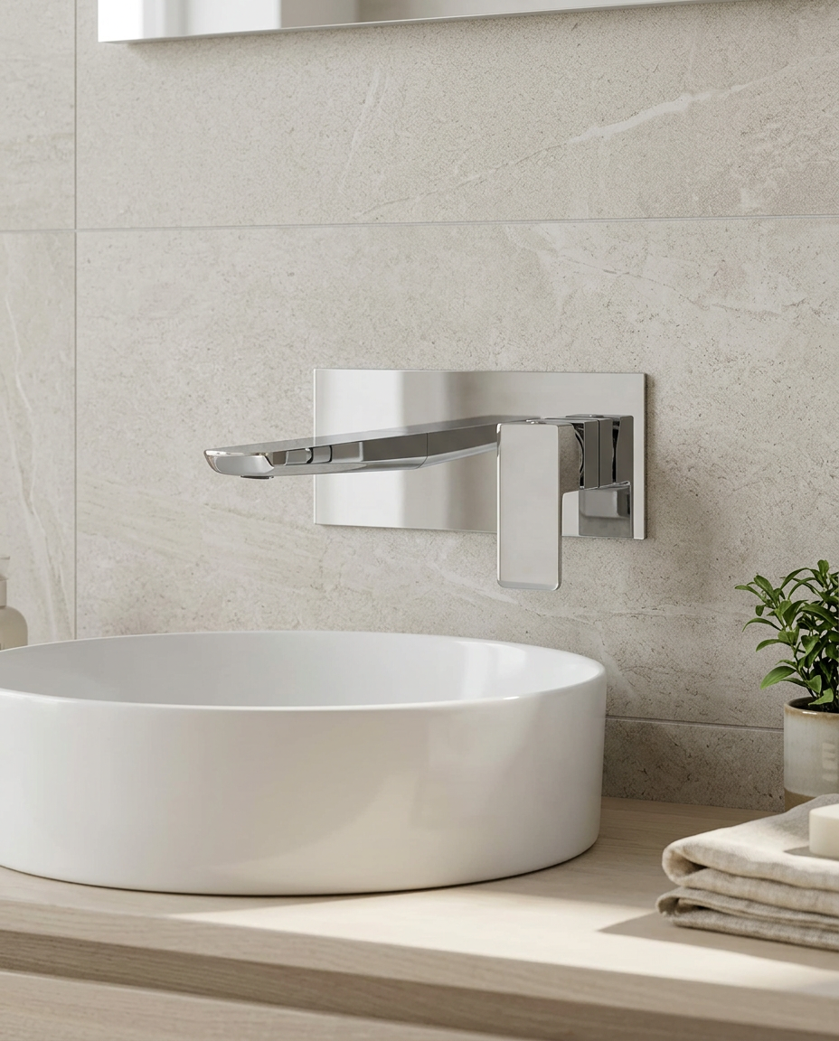 Kelso Wall Mounted Basin Mixer, chrome in a bright modern bathroom
