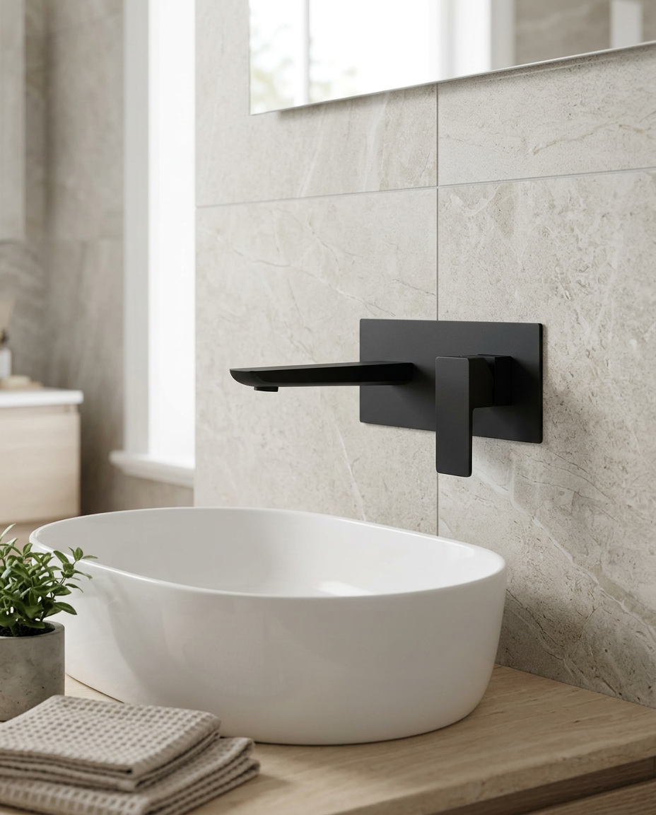 Kelso Wall Mounted Basin Mixer, matt black in a bright modern bathroom