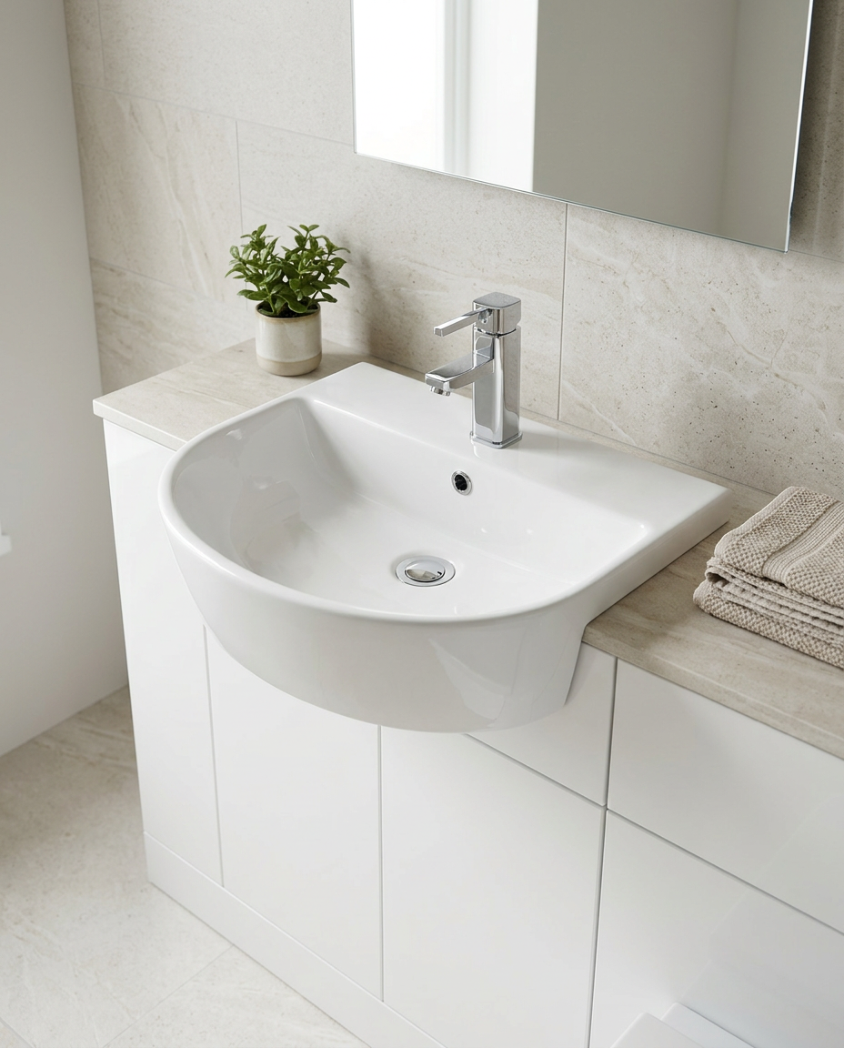 Kendal 560mm Semi-Recessed Basin in a bright modern bathroom
