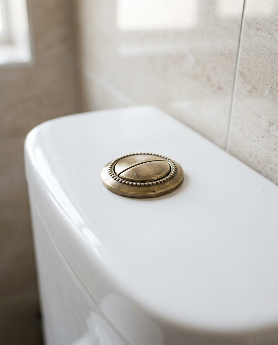 Kendal Cistern Push Buttons, brushed brass in a bright modern bathroom
