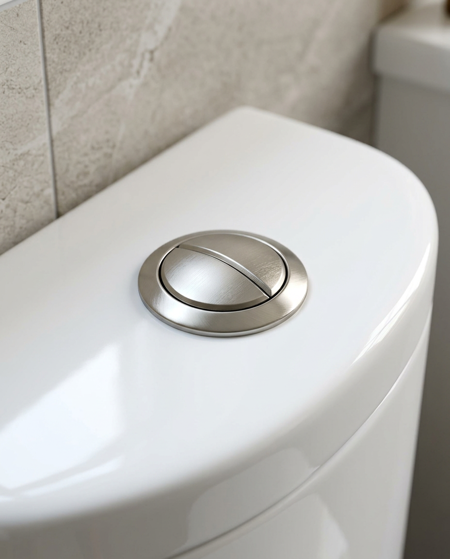 Kendal Cistern Push Buttons, brushed nickel in a bright modern bathroom