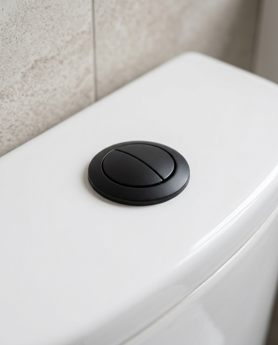 Kendal Cistern Push Buttons, matt black in a bright modern bathroom
