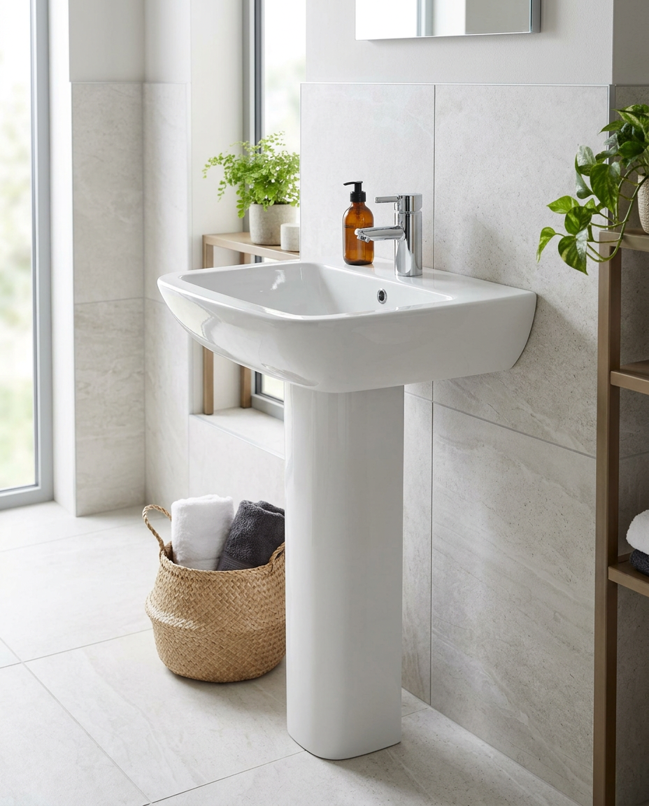 Kirra Basin & Pedestal in a bright modern bathroom