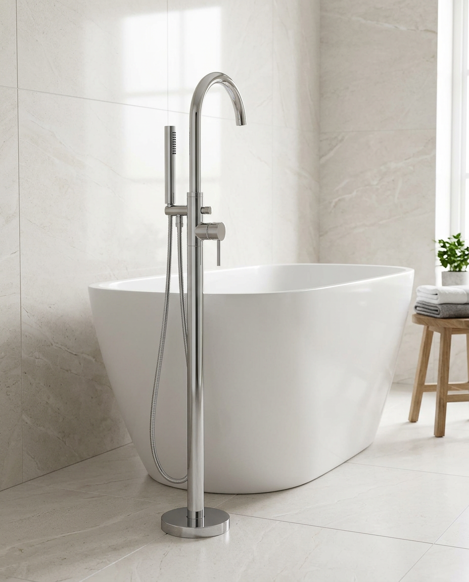 Koda Freestanding Bath Shower Mixer in a bright modern bathroom