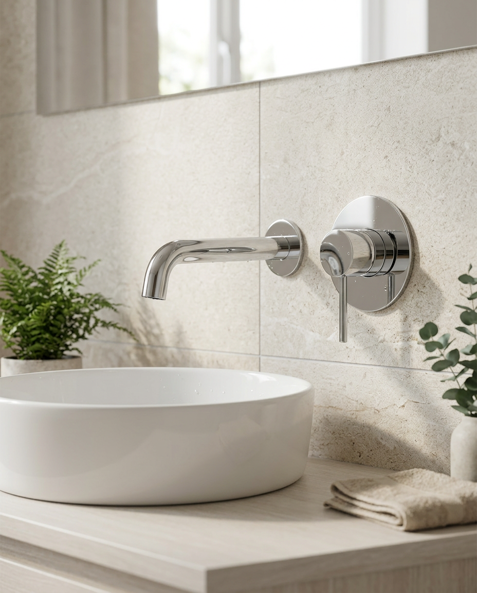 Koda Wall Mounted Basin Mixer in a bright modern bathroom