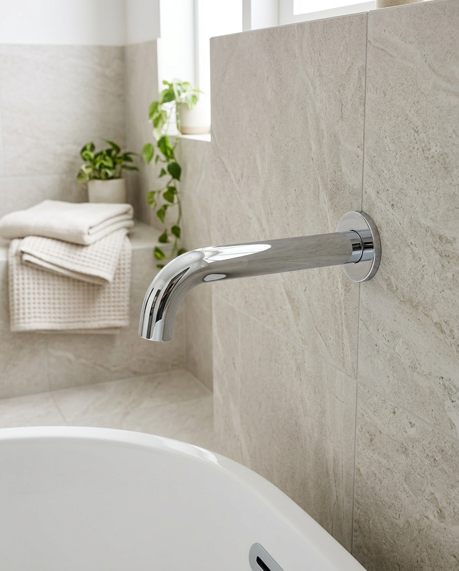 Koda Wall Mounted Bath Spout in a bright modern bathroom