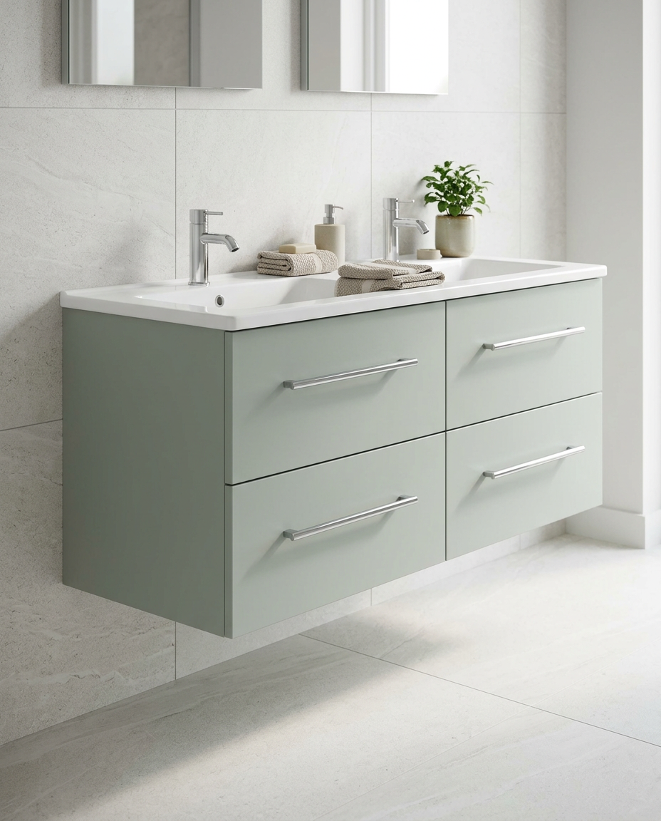Kolora 1210mm Wall Hung Double Vanity Unit & Basin, 4 Drawers in a bright modern bathroom