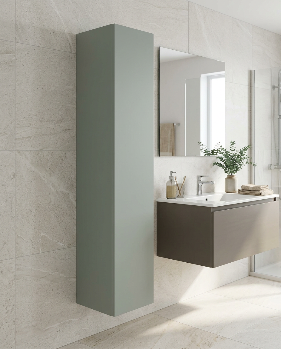 Kolora 1500mm Wall Hung Tall Storage Unit, 2 Doors in a bright modern bathroom