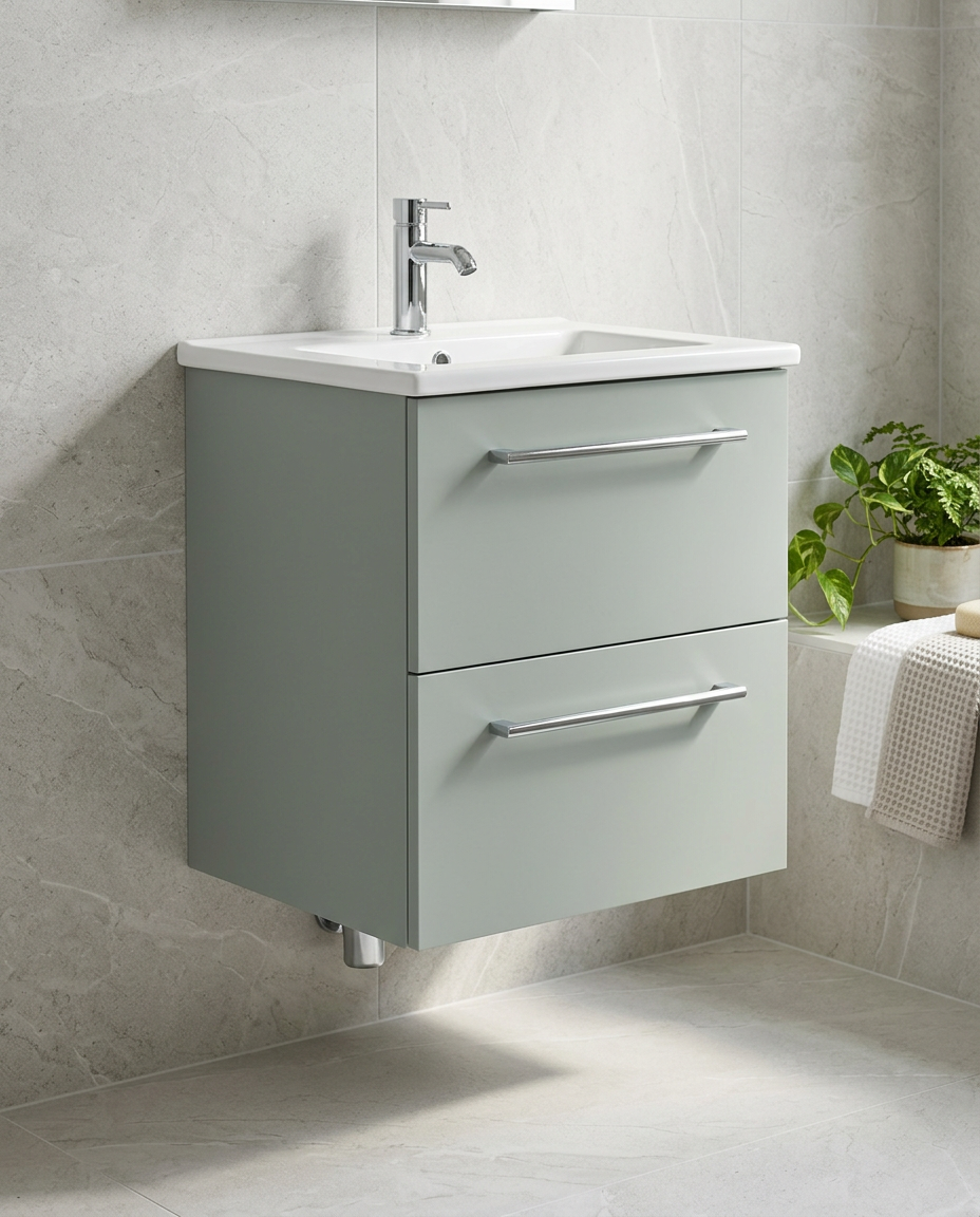 Kolora 500mm Wall Hung Vanity Unit & Basin, 2 Drawers in a bright modern bathroom