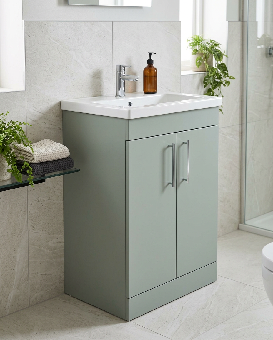Kolora 600mm Floorstanding Vanity Unit & Basin, 2 Doors in a bright modern bathroom